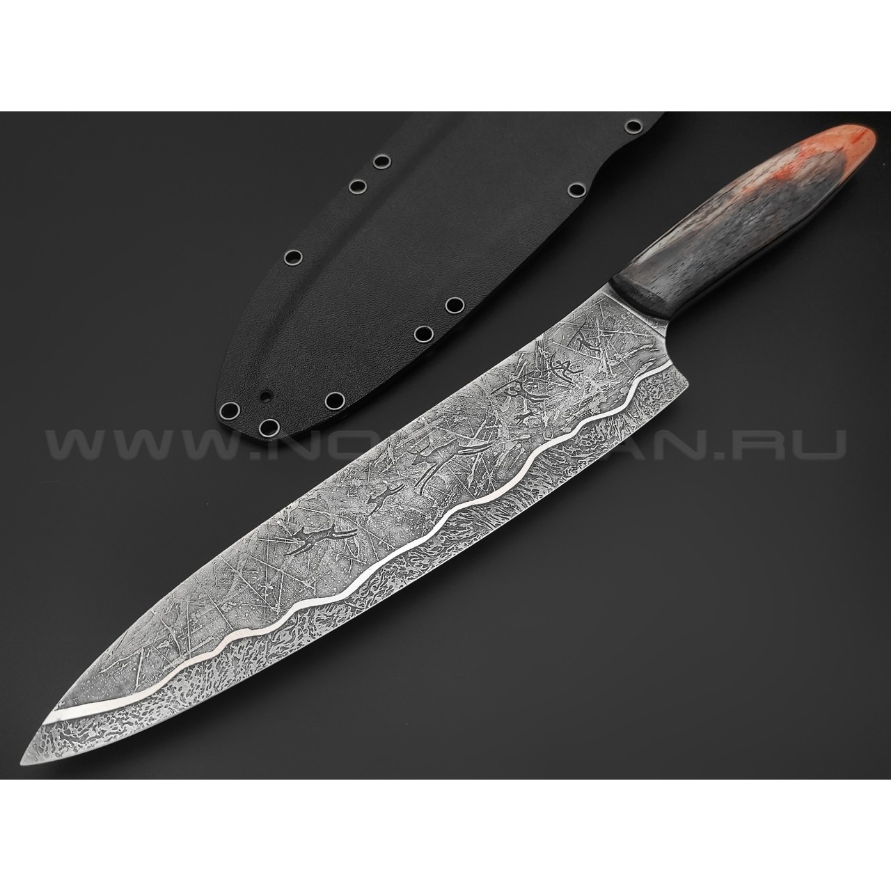Волчий Век нож Big Chef Custom сталь N690 WA, рукоять Стаб. кость жирафа, G10, скрытый монтаж