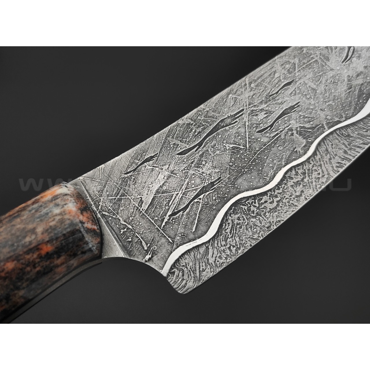 Волчий Век нож Big Chef Custom сталь N690 WA, рукоять Стаб. кость жирафа, G10, скрытый монтаж