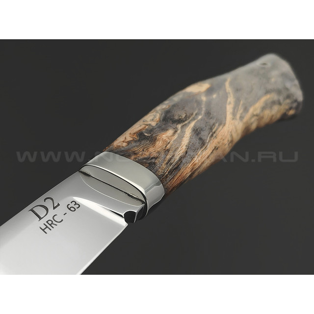 Платонов Д.Г. нож Осетр сталь D2, рукоять Стаб. березовый кап, мельхиор
