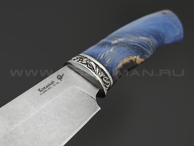 Платонов Д.Г. кованый нож Ворон сталь Х12МФ, рукоять Стаб. березовый сувель синий, мельхиор