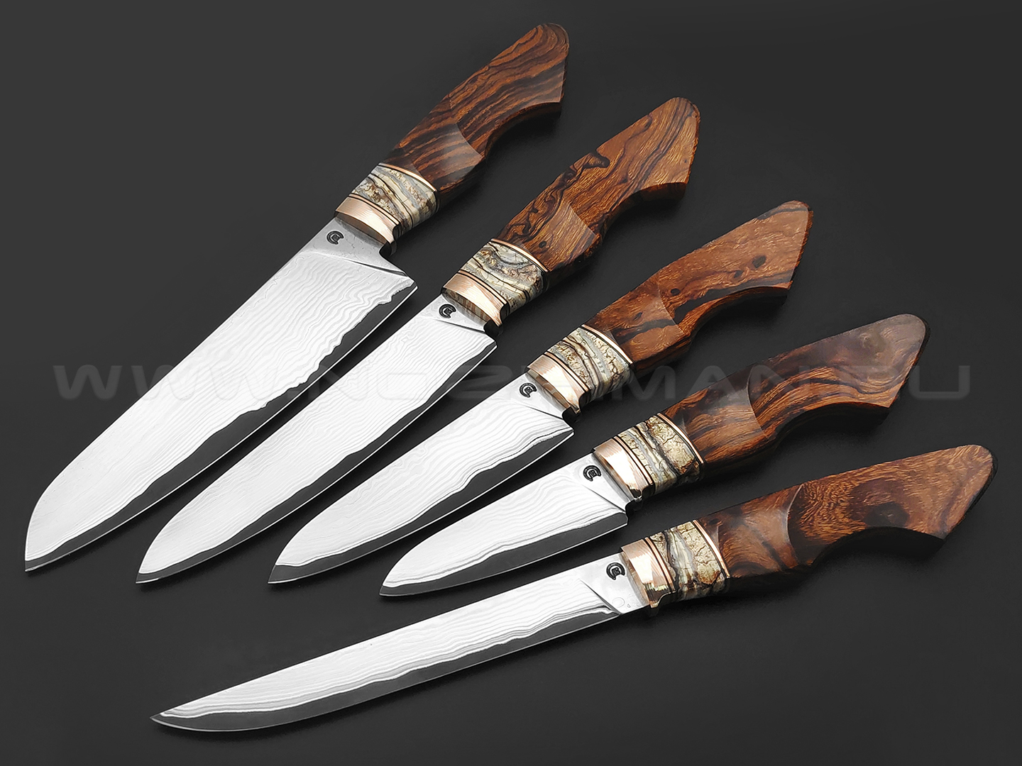 Кузница Васильева набор кованых ножей НЛВ145 сталь CPM Rex 121 - нержавеющий дамаск, рукояти Айронвуд, мокумэ-ганэ, зуб мамонта