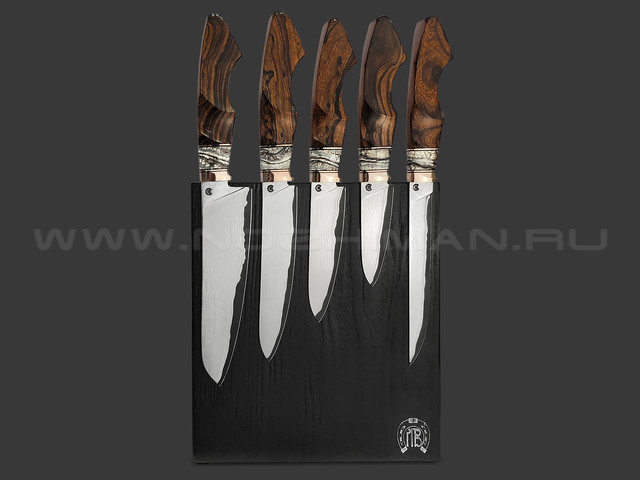 Кузница Васильева набор кованых ножей НЛВ145 сталь CPM Rex 121 - нержавеющий дамаск, рукояти Айронвуд, мокумэ-ганэ, зуб мамонта