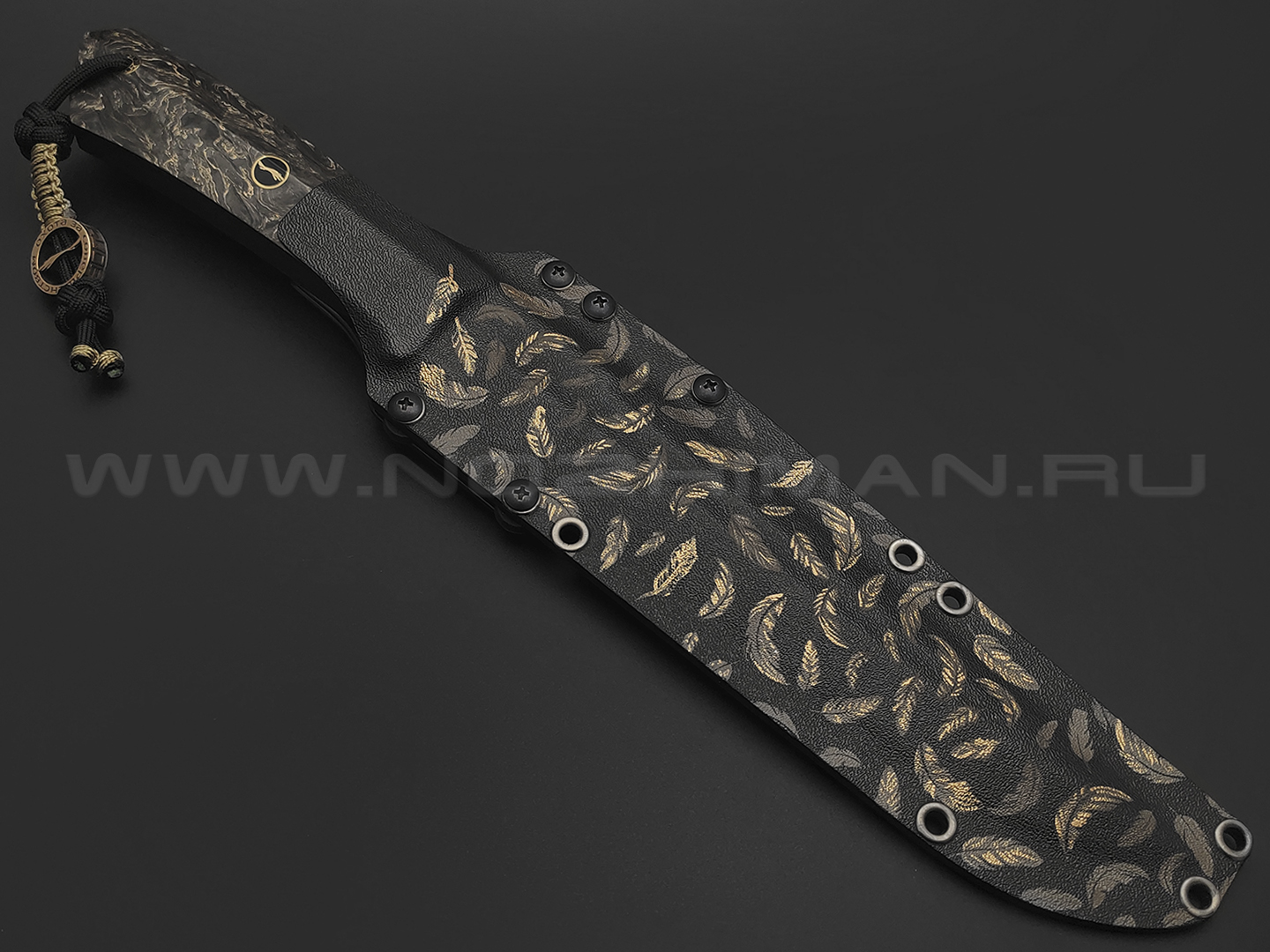 Волчий Век нож Гроза Custom сталь PGK WA, рукоять Carbon fiber dark matter gold, латунь, G10, мозаичные пины