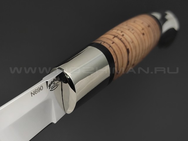 Товарищество Завьялова нож Финка Фронтовая сталь N690, рукоять Наборная береста, граб, мельхиор