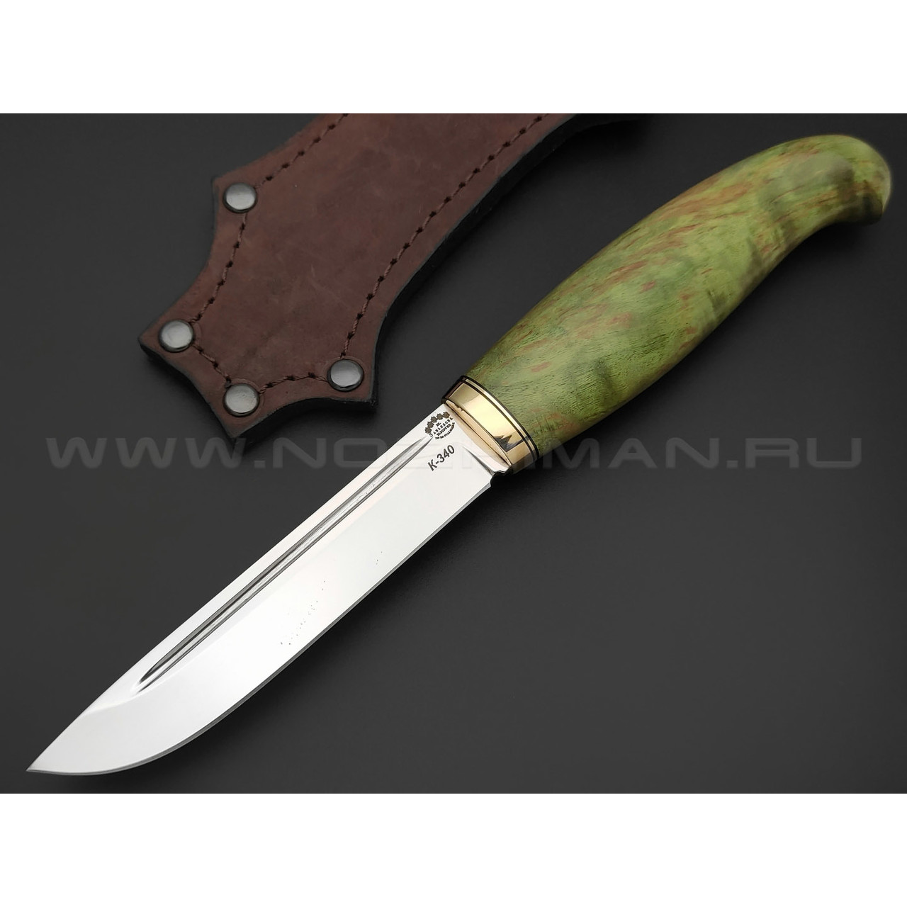 Товарищество Завьялова нож Финка-М сталь K340, рукоять Стаб. карельская береза зеленая, латунь