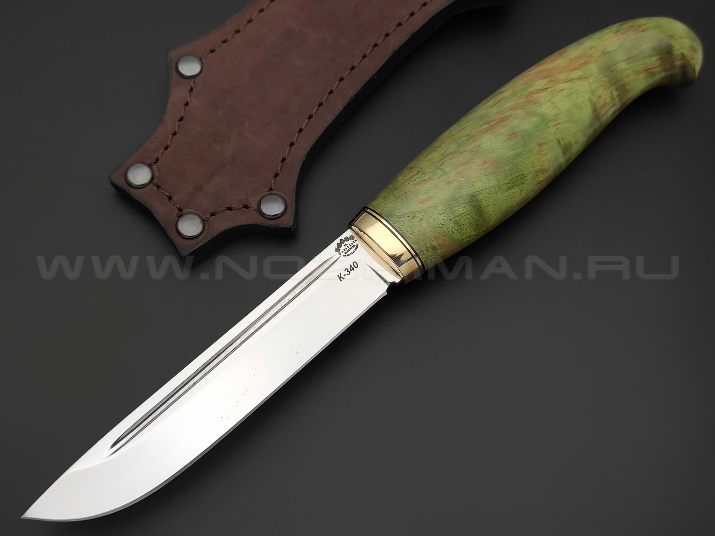 Товарищество Завьялова нож Финка-М сталь K340, рукоять Стаб. карельская береза зеленая, латунь