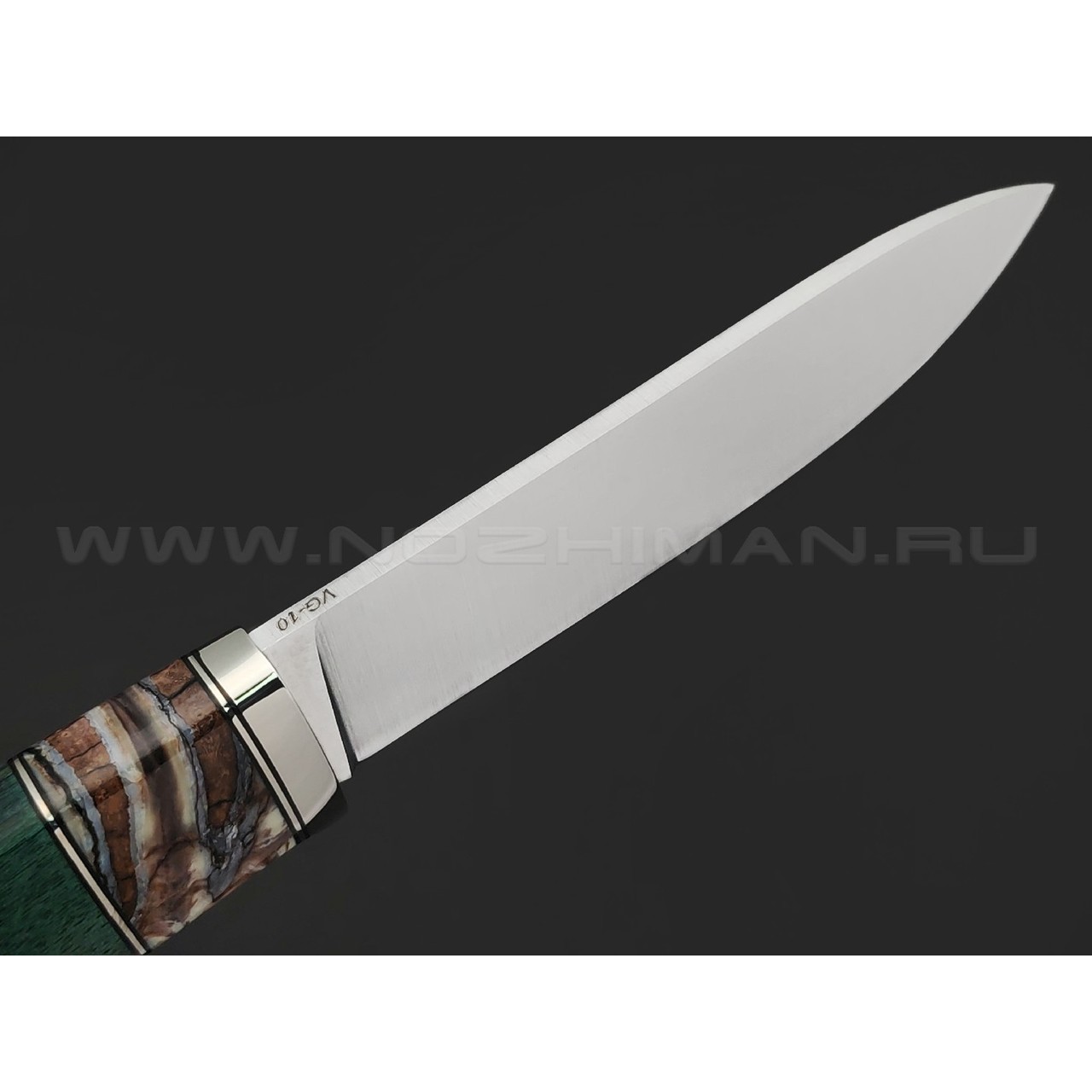 Кузница Ковчег нож Шейный сталь VG-10, рукоять Стаб. карельская береза зеленая, зуб мамонта, мельхиор