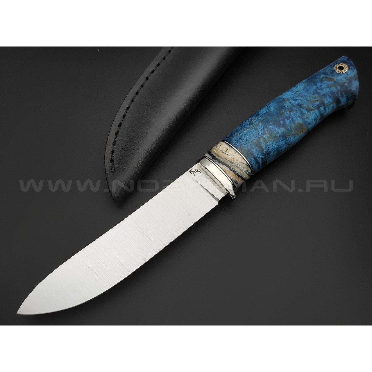 Кузница Ковчег нож Таежный сталь M390, рукоять Стаб. карельская береза синяя, зуб мамонта, мельхиор