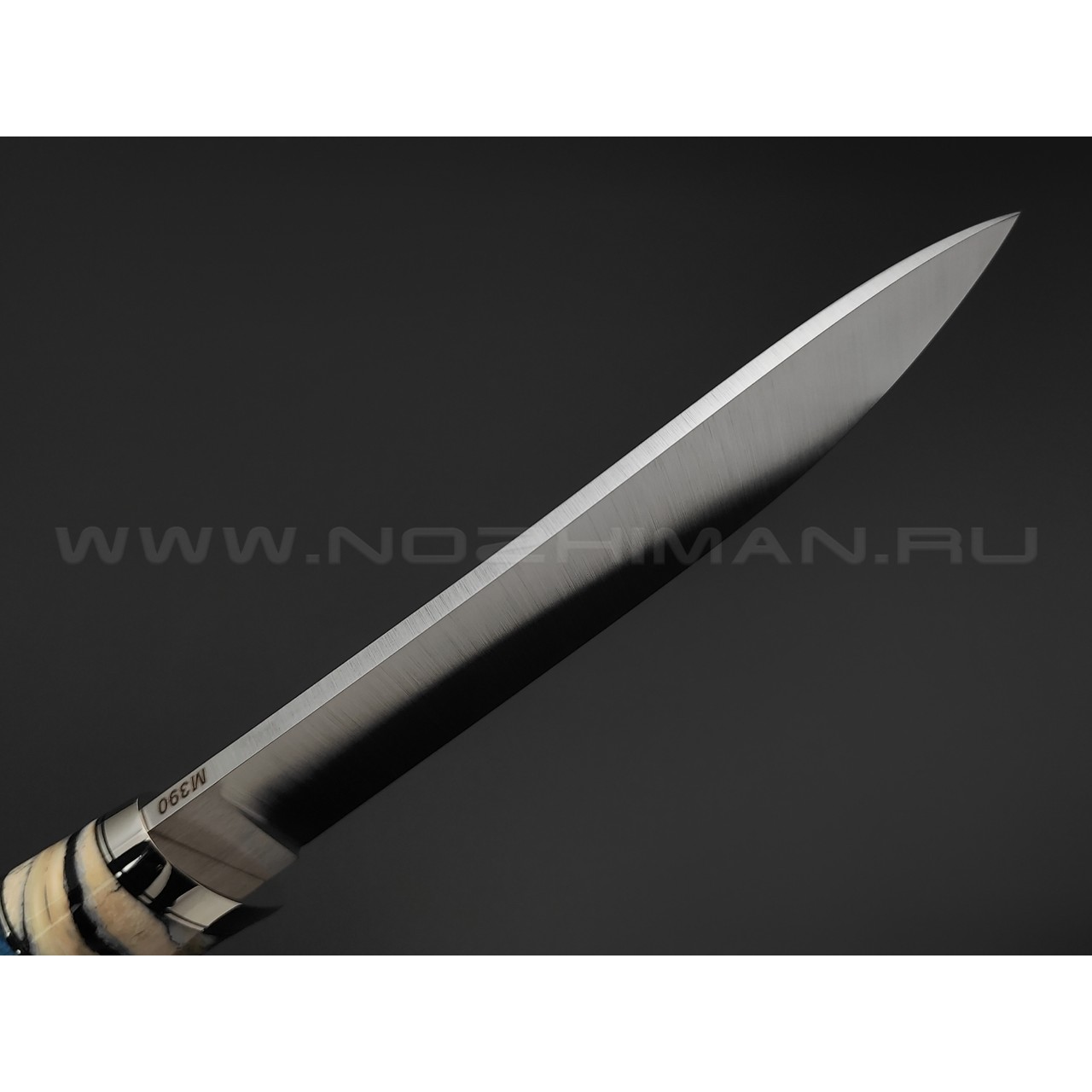 Кузница Ковчег нож Таежный сталь M390, рукоять Стаб. карельская береза синяя, зуб мамонта, мельхиор