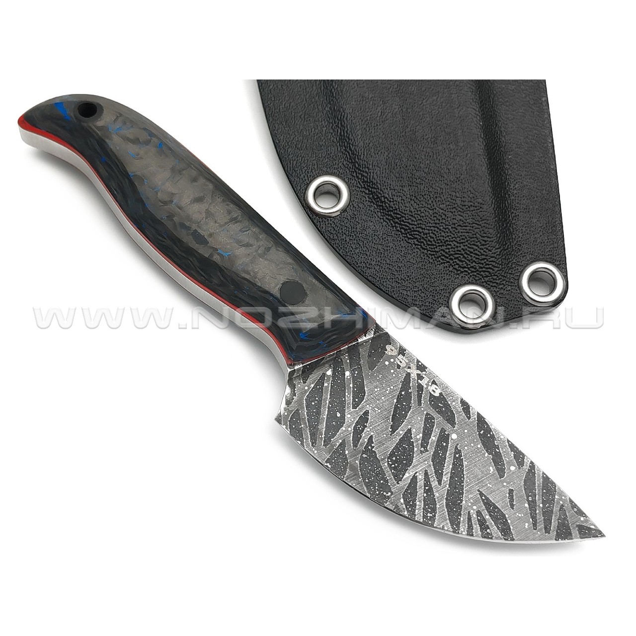 Богдан Гоготов нож NBG-55 сталь 95Х18 травление, рукоять Chaotic carbon fiber blue