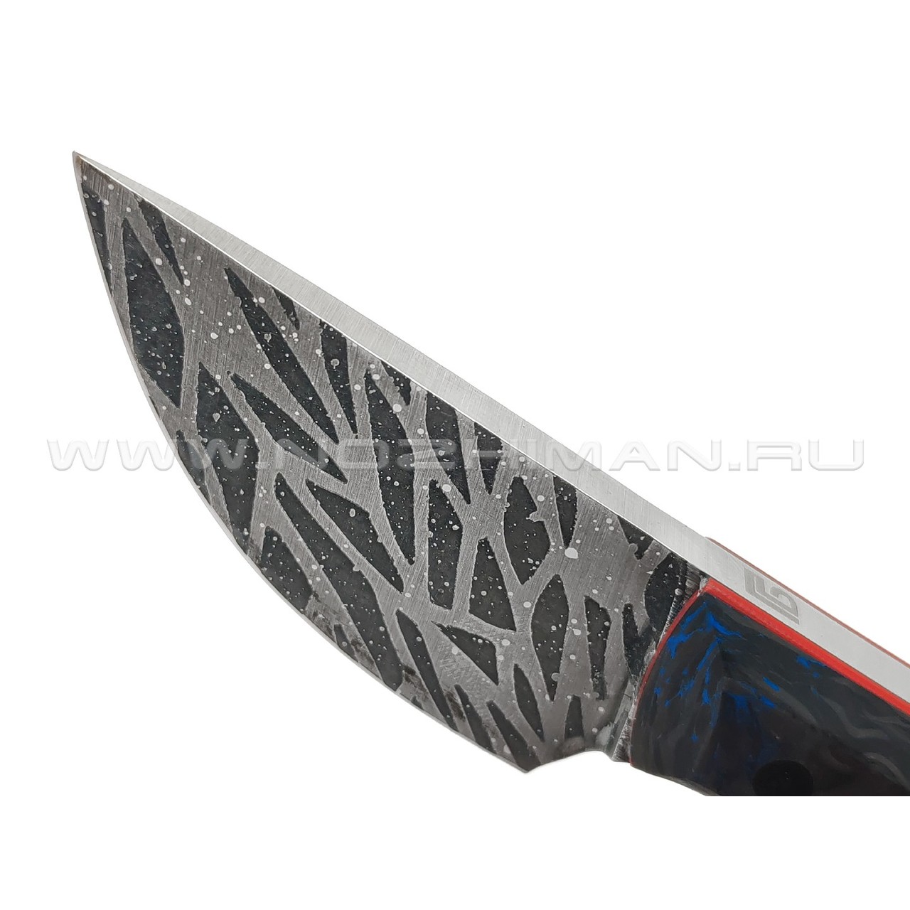 Богдан Гоготов нож NBG-55 сталь 95Х18 травление, рукоять Chaotic carbon fiber blue