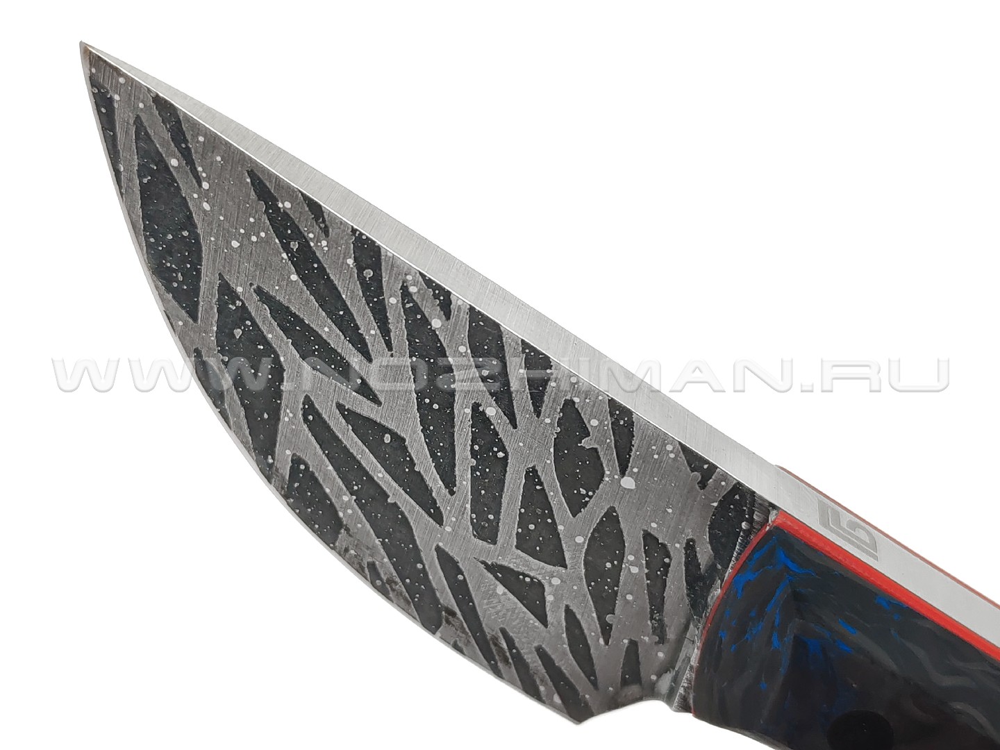 Богдан Гоготов нож NBG-55 сталь 95Х18 травление, рукоять Chaotic carbon fiber blue
