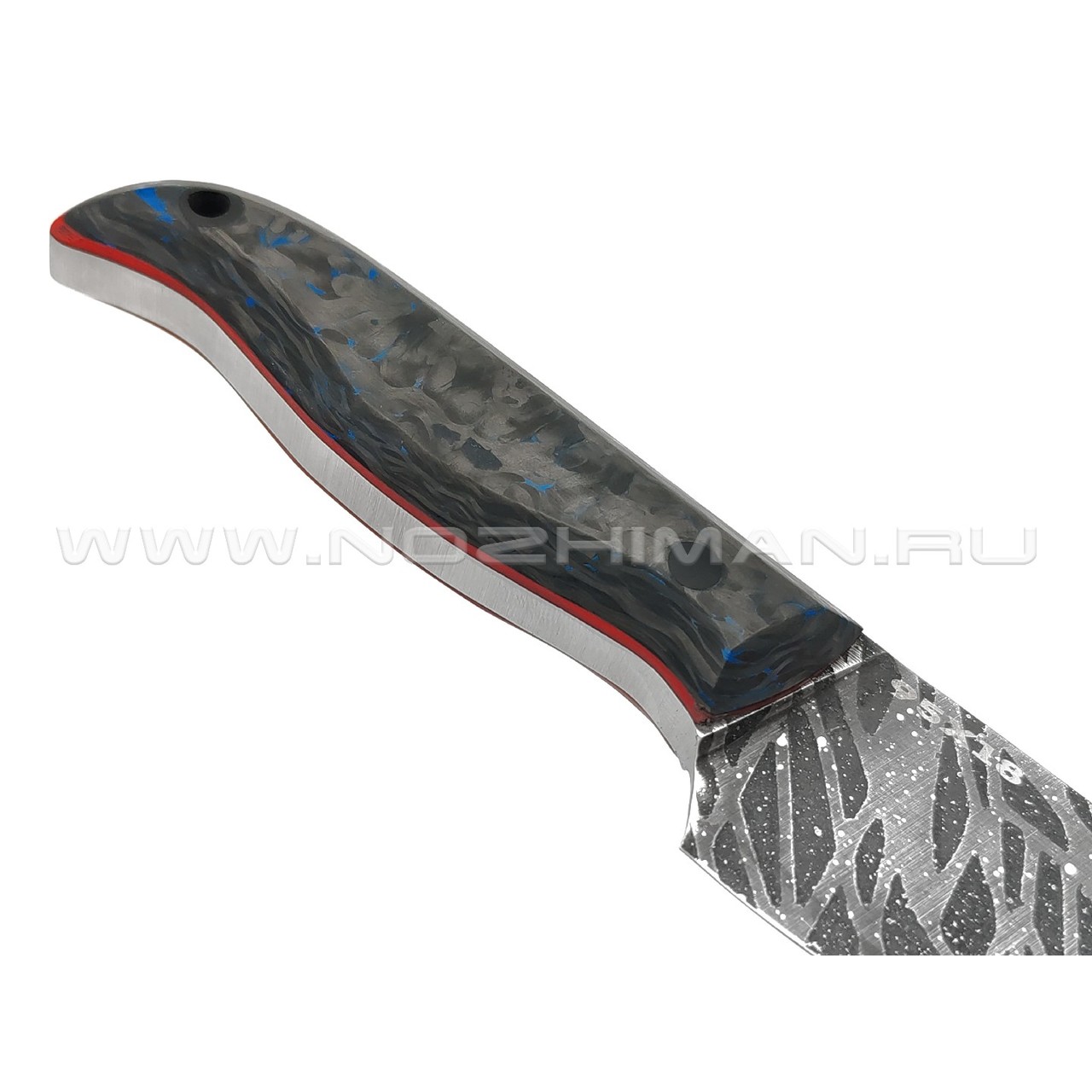 Богдан Гоготов нож NBG-55 сталь 95Х18 травление, рукоять Chaotic carbon fiber blue