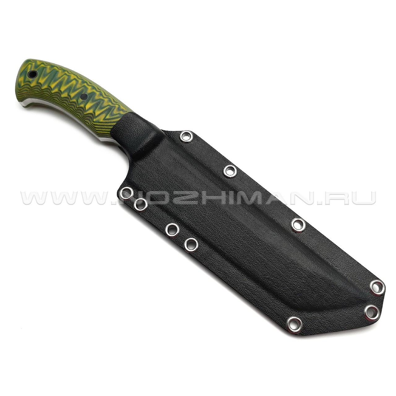 Богдан Гоготов нож Танто NBG-65 сталь 95Х18 травление, рукоять G10 yellow & green