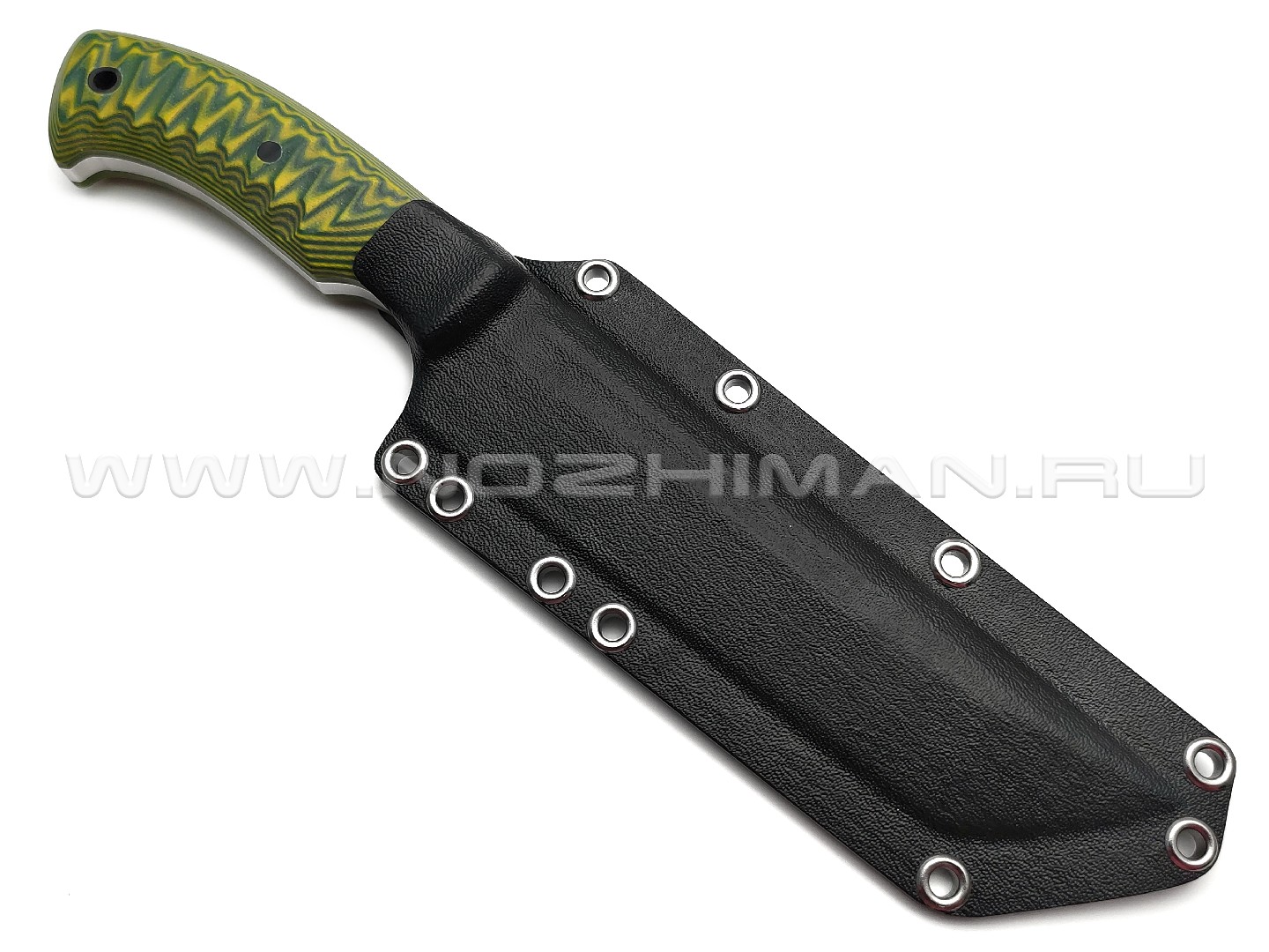 Богдан Гоготов нож Танто NBG-65 сталь 95Х18 травление, рукоять G10 yellow & green