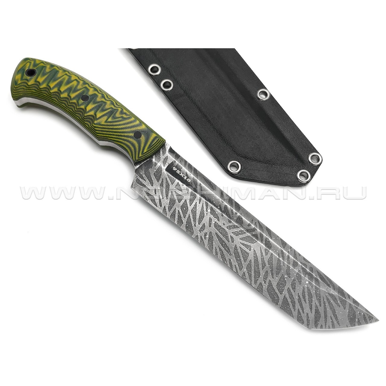 Богдан Гоготов нож Танто NBG-65 сталь 95Х18 травление, рукоять G10 yellow & green