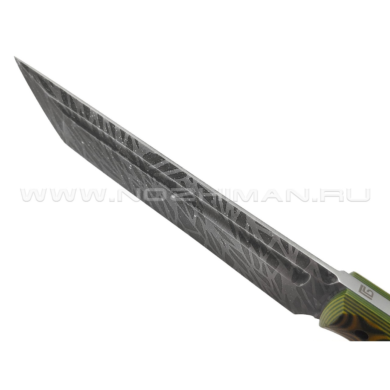 Богдан Гоготов нож Танто NBG-65 сталь 95Х18 травление, рукоять G10 yellow & green