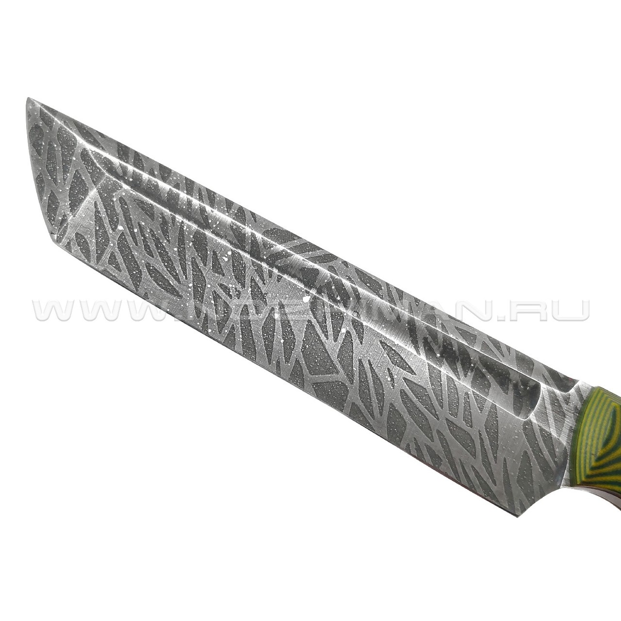 Богдан Гоготов нож Танто NBG-65 сталь 95Х18 травление, рукоять G10 yellow & green