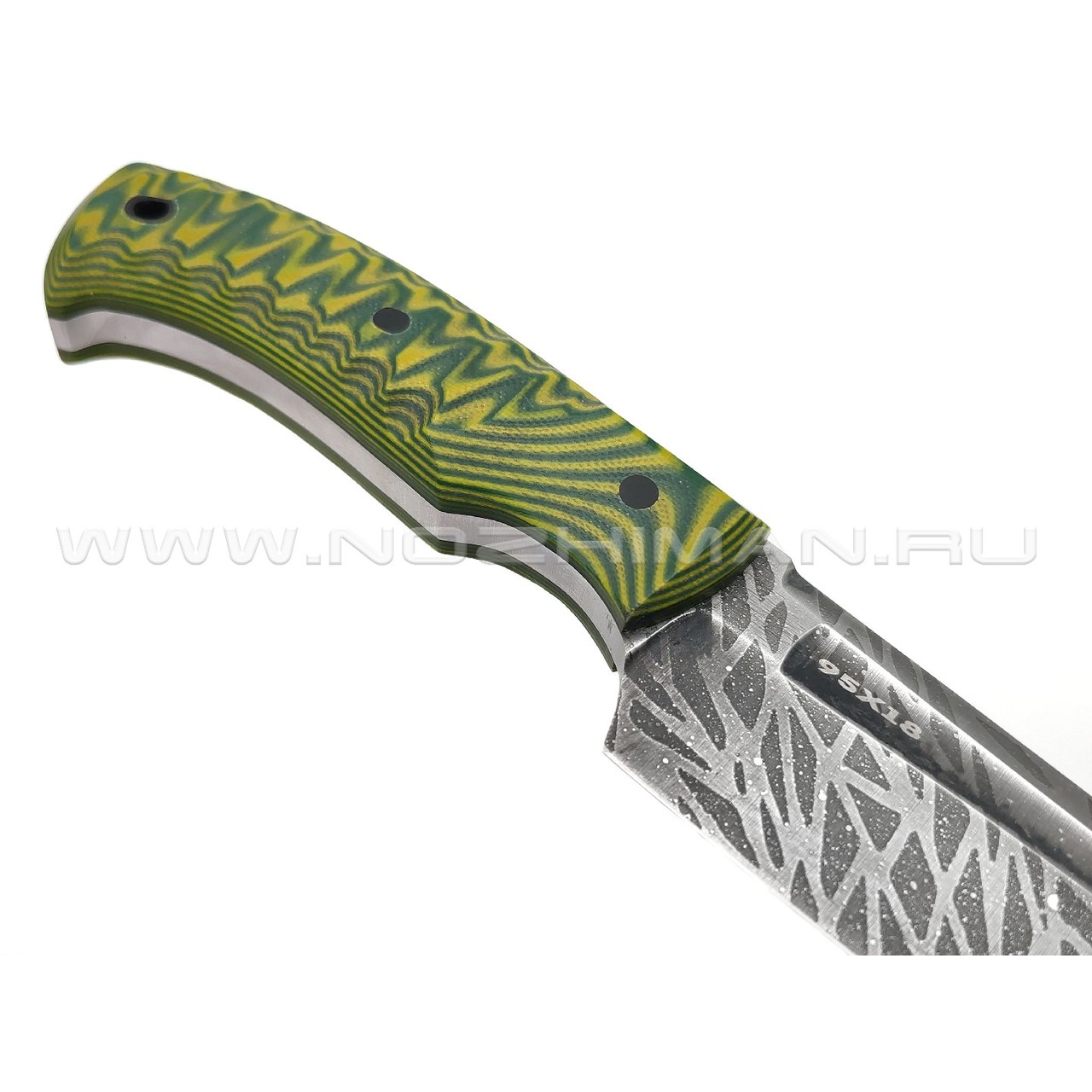 Богдан Гоготов нож Танто NBG-65 сталь 95Х18 травление, рукоять G10 yellow & green