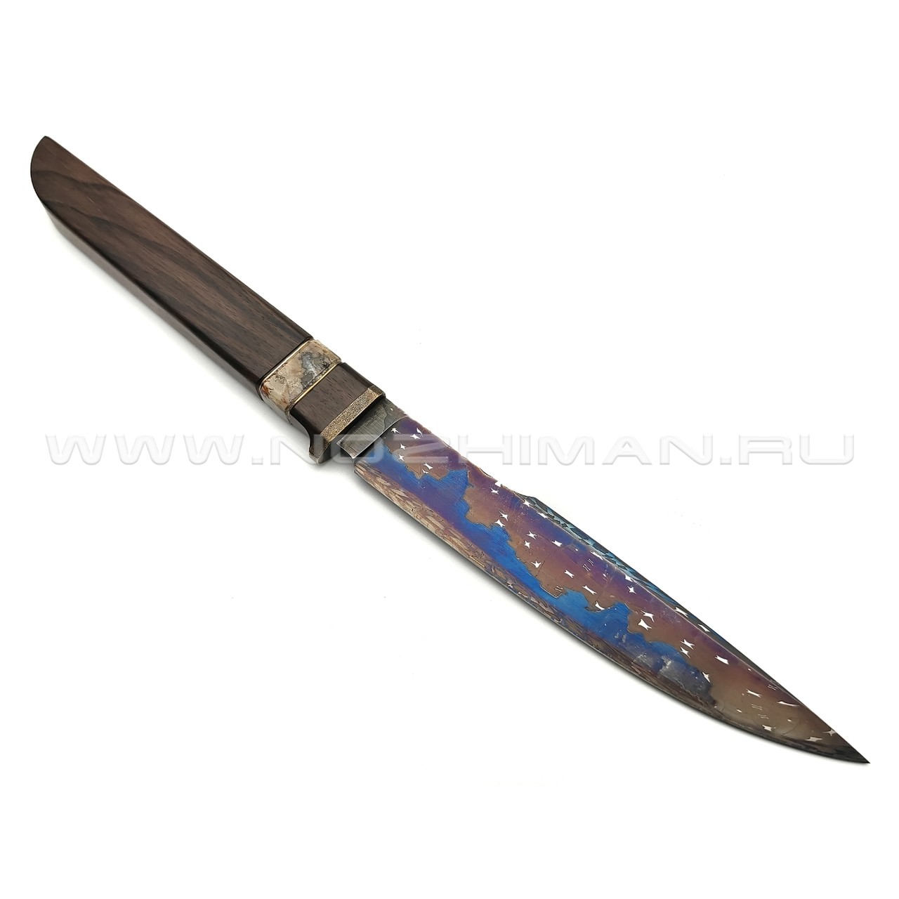 Корзун Александр нож танто из мозаичного дамаска (Ночной город), рукоять Дерево палисандр, зуб мамонта, бронза