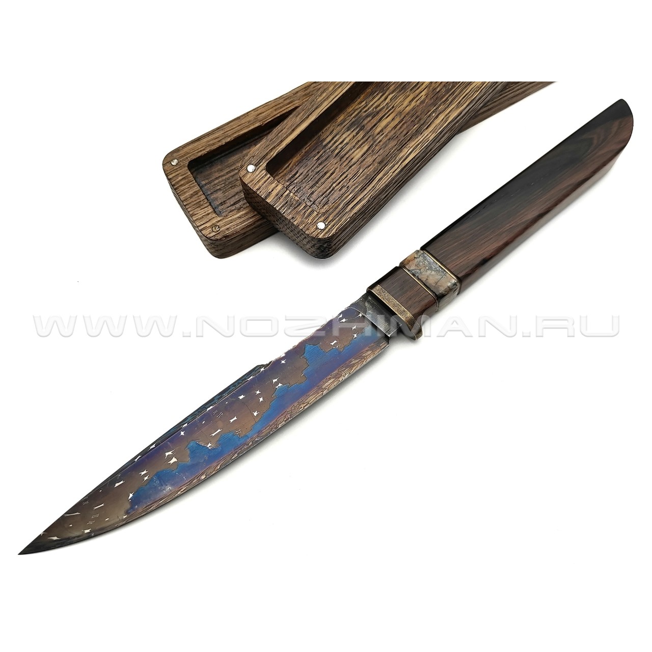Корзун Александр нож танто из мозаичного дамаска (Ночной город), рукоять Дерево палисандр, зуб мамонта, бронза