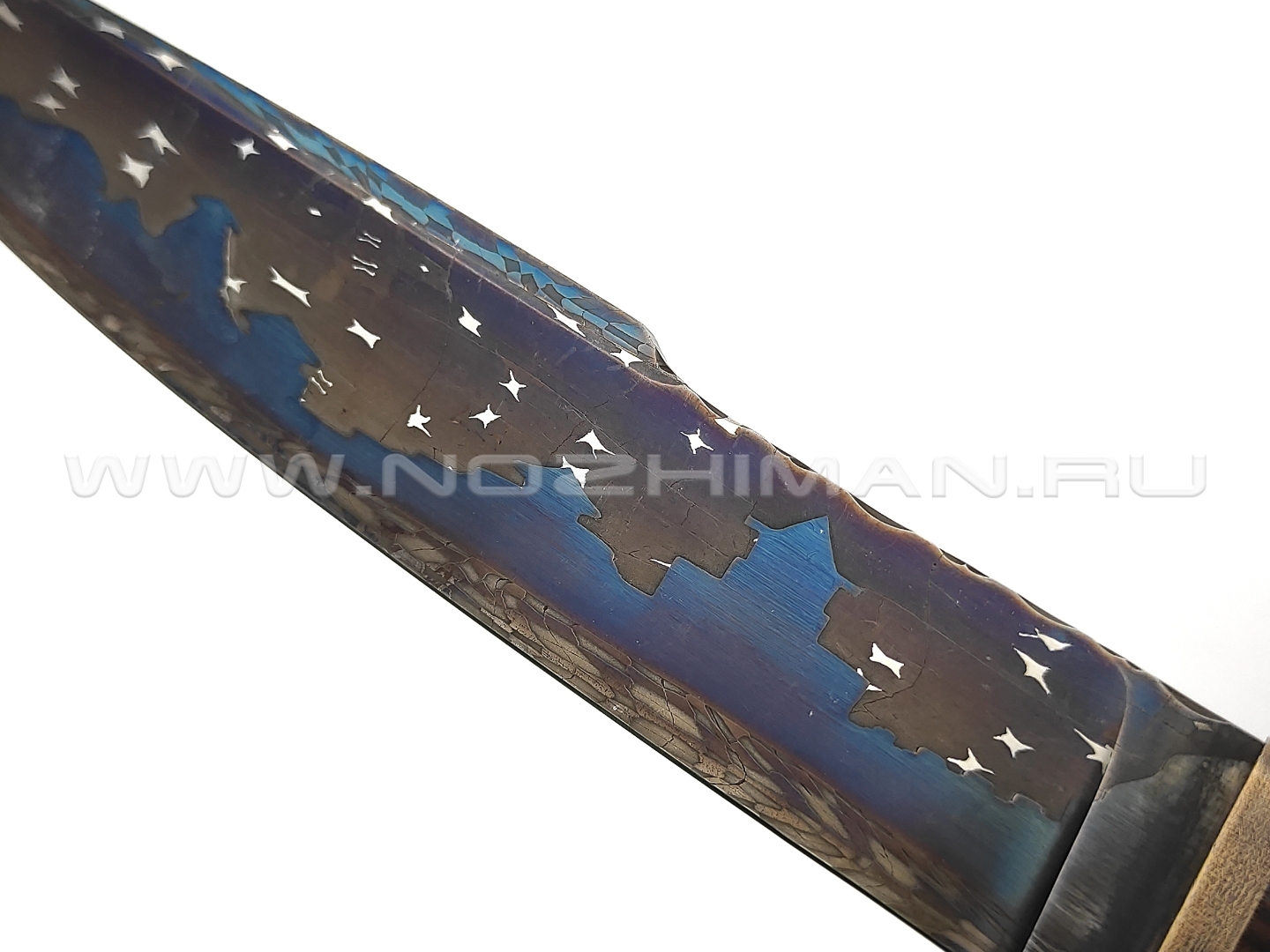 Корзун Александр нож танто из мозаичного дамаска (Ночной город), рукоять Дерево палисандр, зуб мамонта, бронза