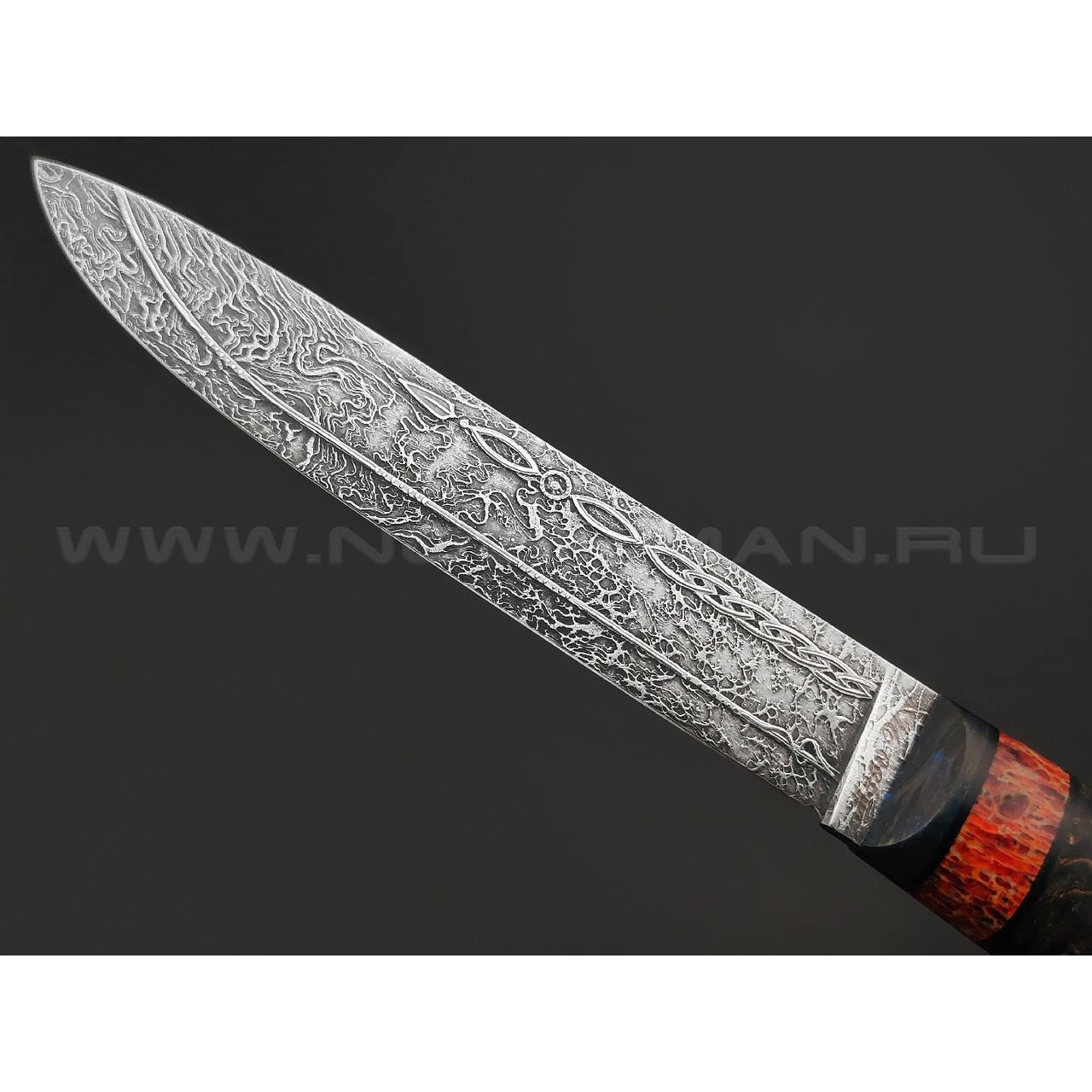 Волчий Век нож Слон Custom сталь M390 WA травление, рукоять Стаб. карельская береза, карбон, позвонок кита, пин
