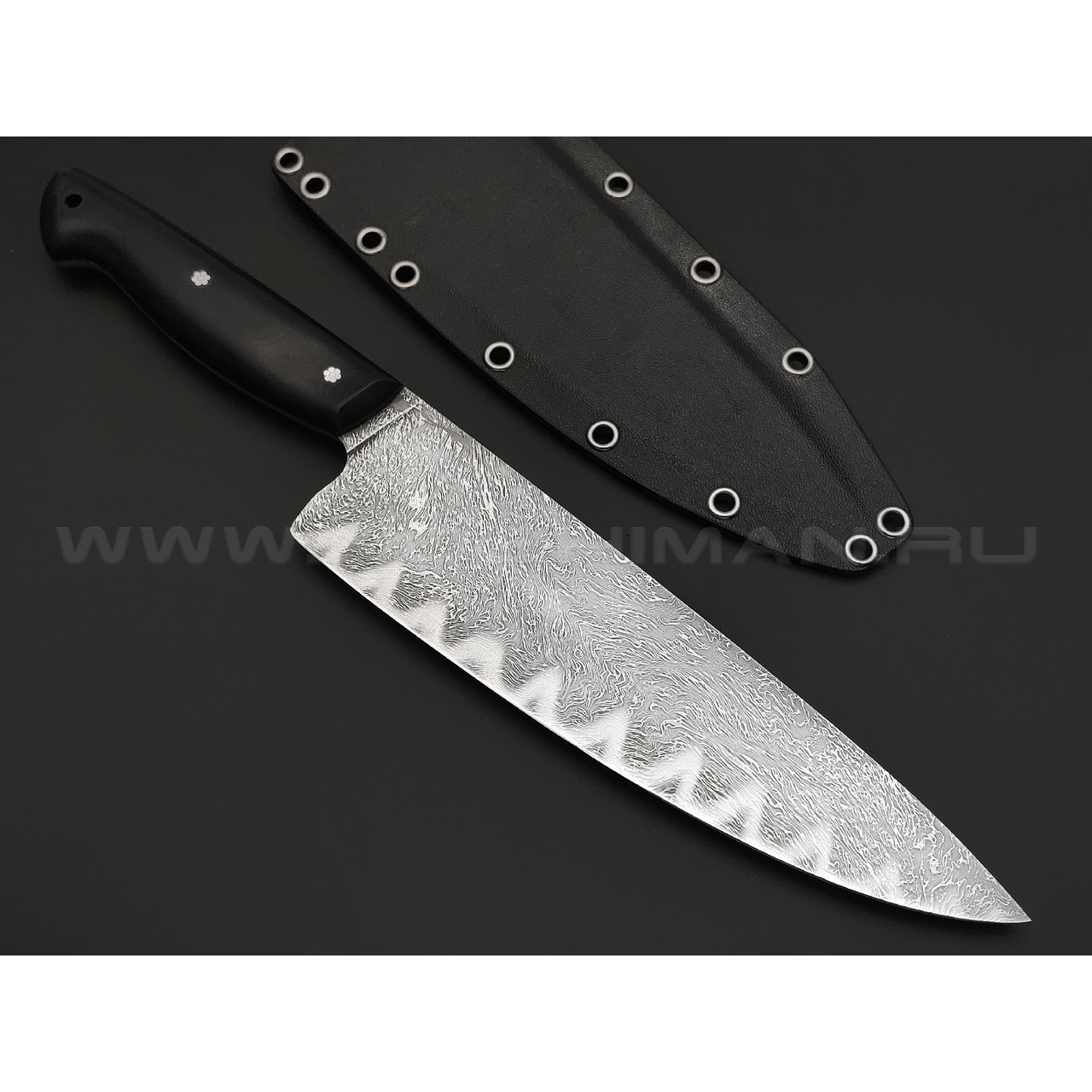 Волчий Век нож Шеф Custom сталь N690 WA дамаскаж, рукоять G10 black, мозаичные пины, карбон