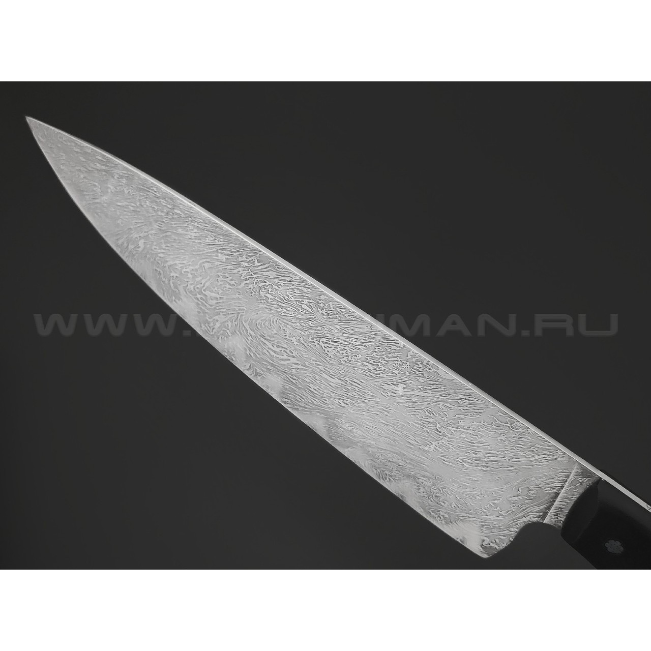 Волчий Век нож Шеф Custom сталь N690 WA дамаскаж, рукоять G10 black, мозаичные пины, карбон