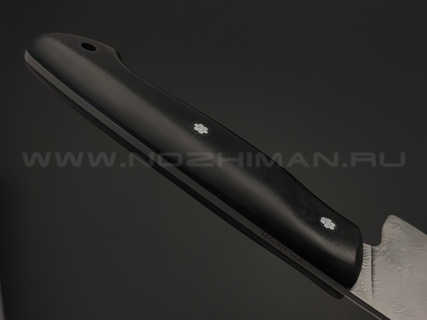 Волчий Век нож Шеф Custom сталь N690 WA дамаскаж, рукоять G10 black, мозаичные пины, карбон