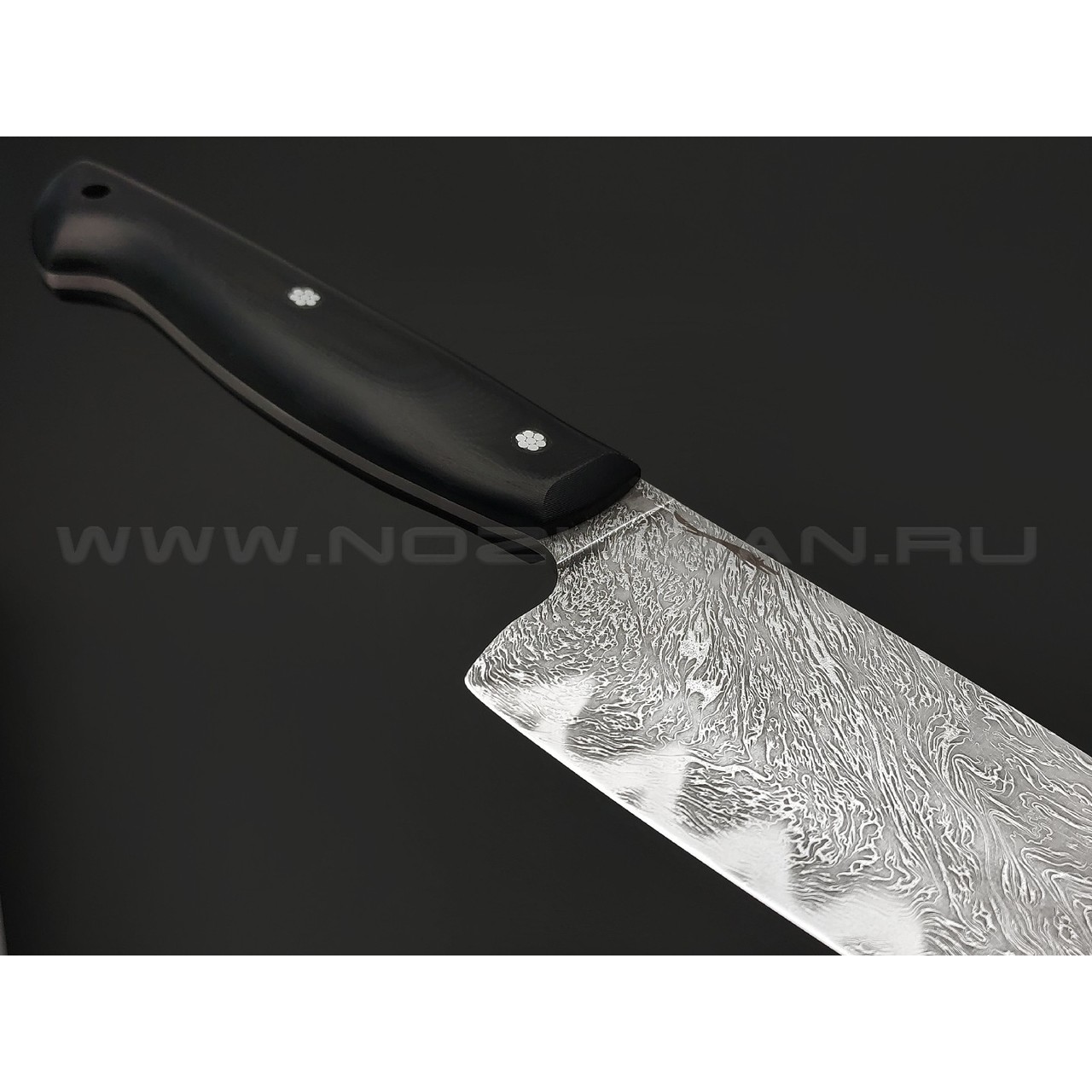 Волчий Век нож Шеф Custom сталь N690 WA дамаскаж, рукоять G10 black, мозаичные пины, карбон