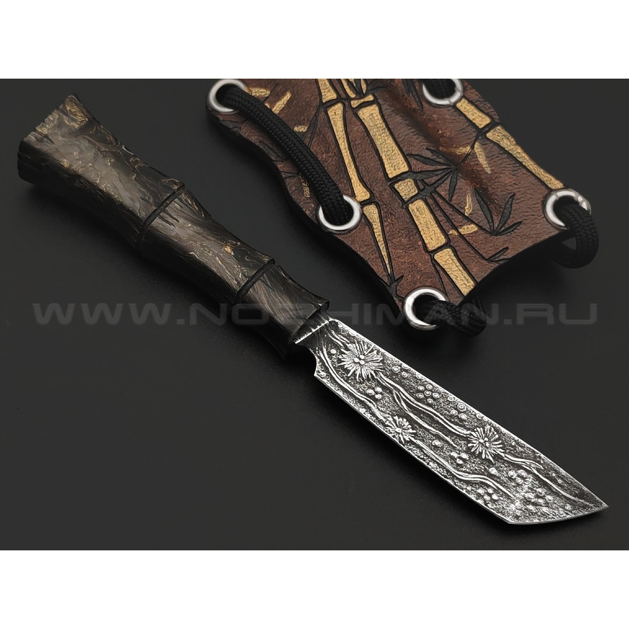 Волчий Век нож Бамбук сталь PGK WA травление, рукоять Carbon fiber dark matter gold