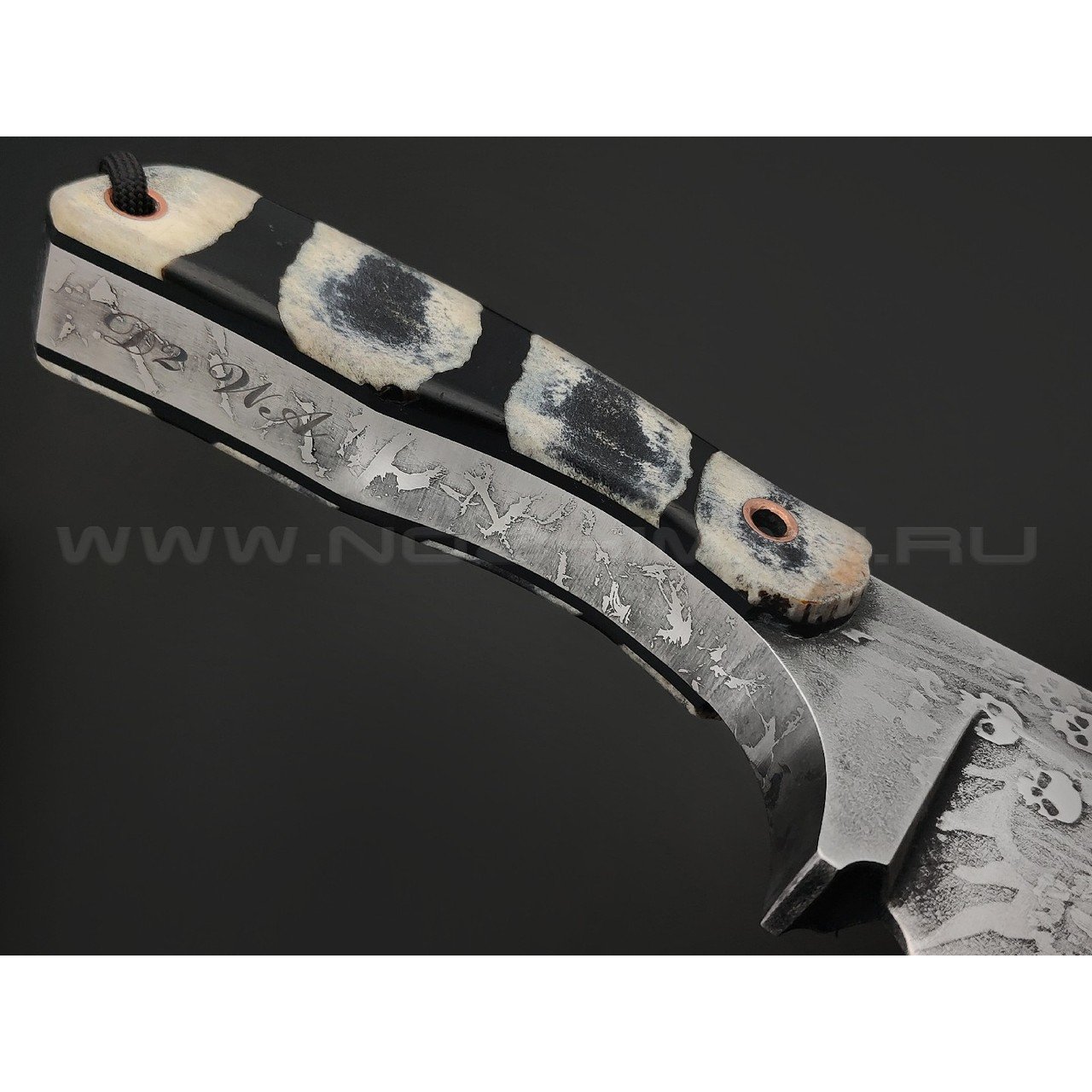 Волчий Век нож Mordor Custom сталь D2 WA обух 15 мм, рукоять Зуб Орка - стаб. рог лося, G10