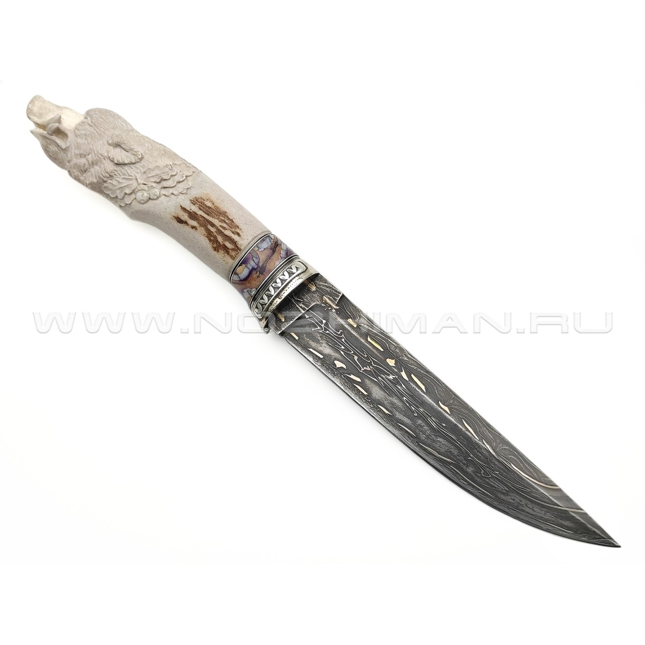 Корзун Александр нож Кабан сталь Мозаичный дамаск (Матвеев), рукоять Рог лося с резьбой, зуб мамонта, белый металл