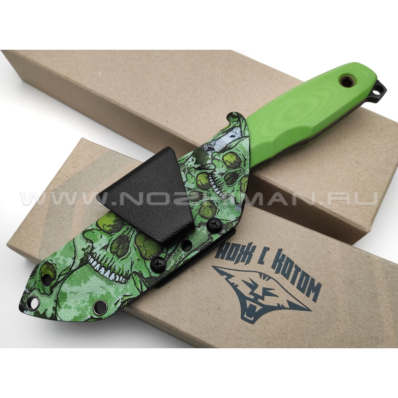 Нож с Котом Тик-Так 6 сталь Cr12 блэквош, рукоять G10 light green, kydex green skull