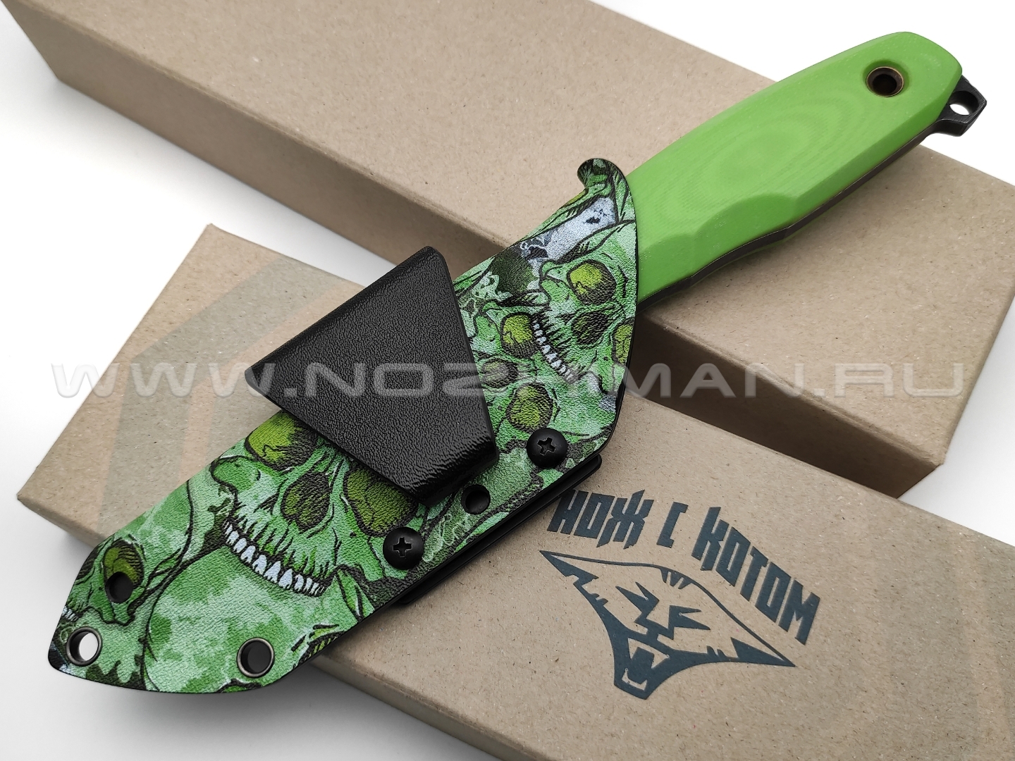 Нож с Котом Тик-Так 6 сталь Cr12 blackwash, рукоять G10 light green, kydex green skull