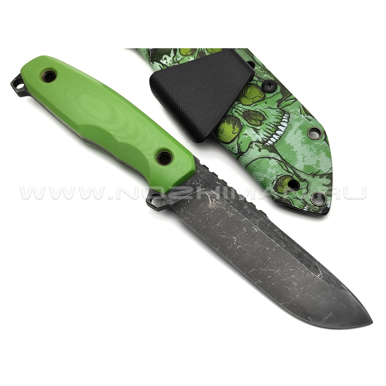 Нож с Котом Тик-Так 6 сталь Cr12 блэквош, рукоять G10 light green, kydex green skull