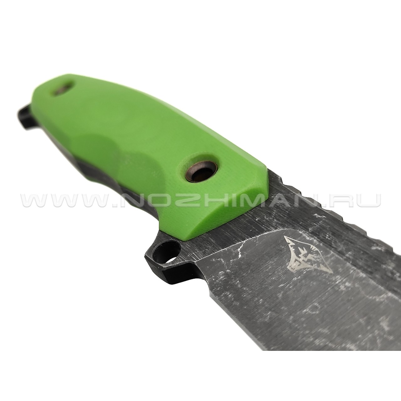 Нож с Котом Тик-Так 6 сталь Cr12 блэквош, рукоять G10 light green, kydex green skull