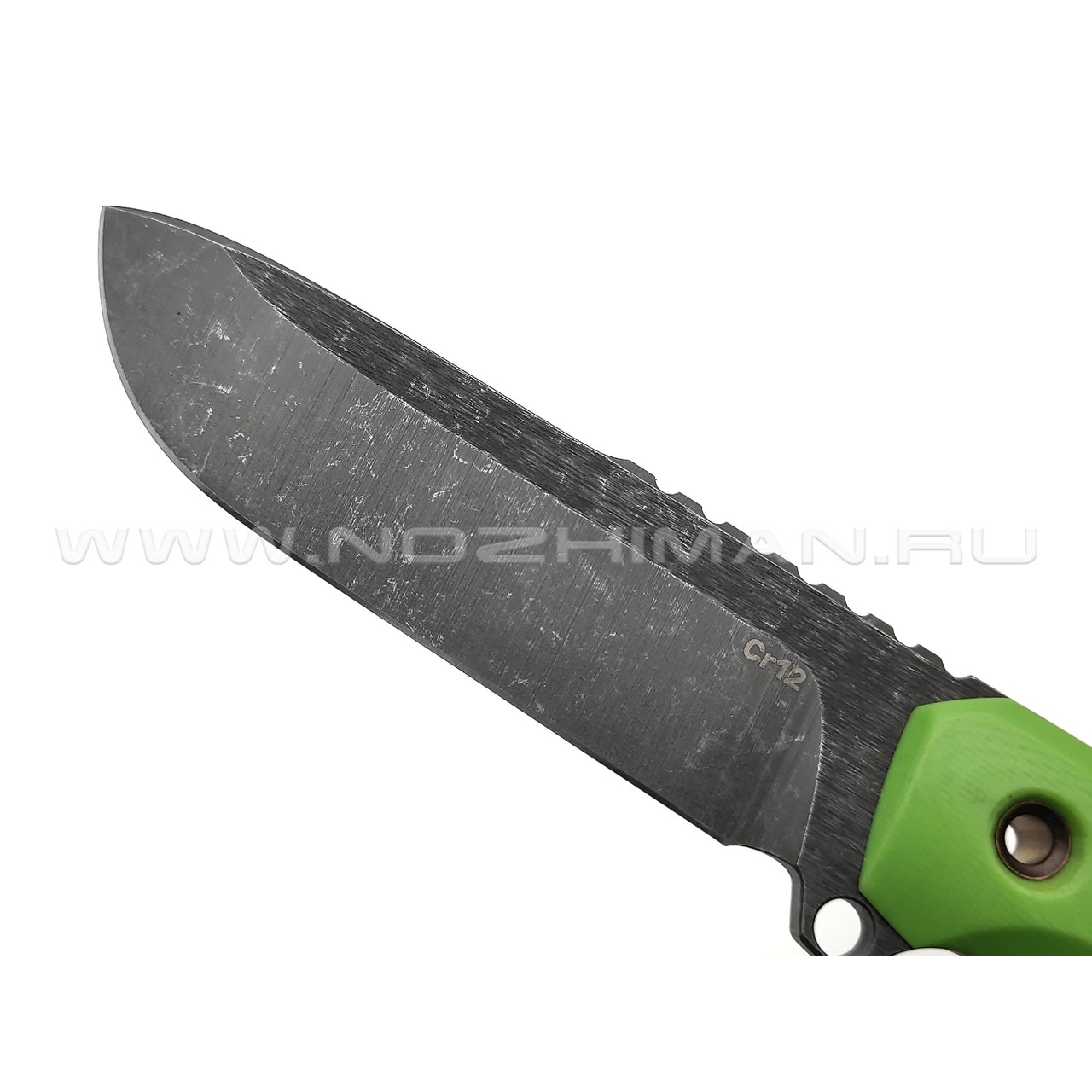 Нож с Котом Тик-Так 6 сталь Cr12 блэквош, рукоять G10 light green, kydex green skull