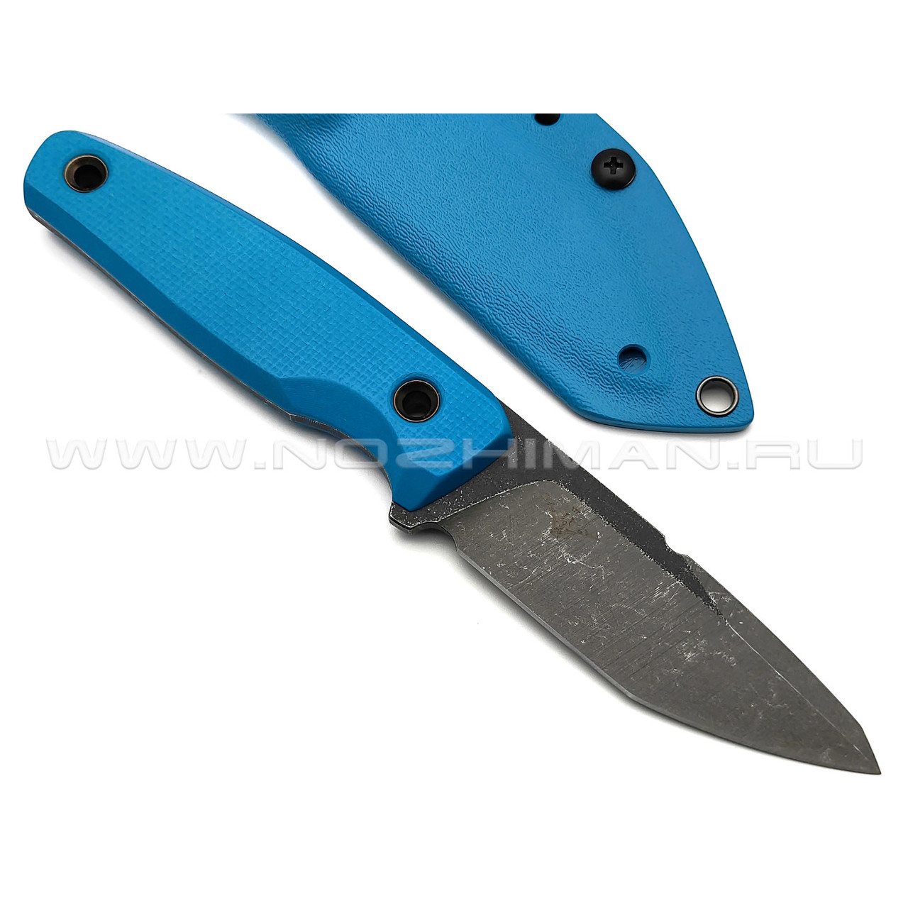 Нож с Котом 29 сталь K110 блэквош, рукоять G10 blue, kydex blue