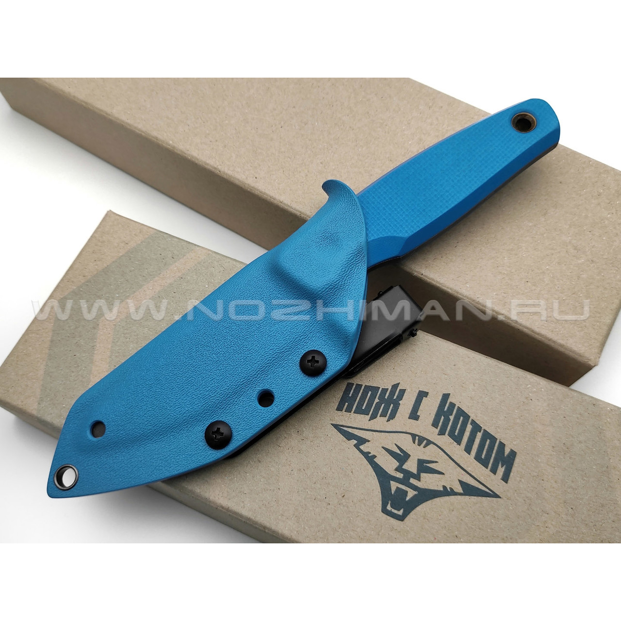 Нож с Котом 29 сталь K110 блэквош, рукоять G10 blue, kydex blue