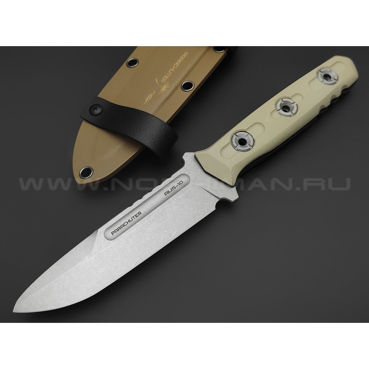N.C.Custom нож Parachuter сталь Aus-10 стоунвош, рукоять G10 tan
