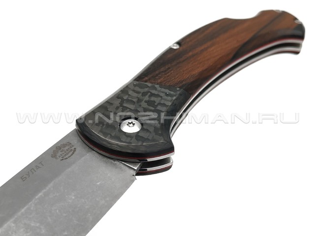 Товарищество Завьялова складной нож Охотник сталь Булат stonewash, рукоять Зирикот, carbon fiber, G10