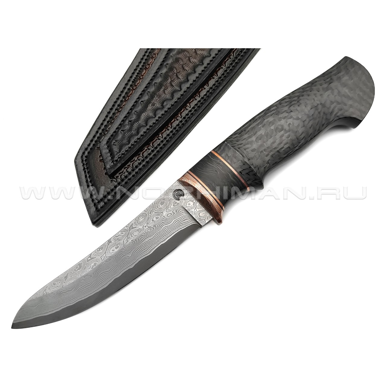 Кузница Васильева нож НЛВ147 ламинат CPM S90V, рукоять Carbon fiber, мокумэ-ганэ, бронза
