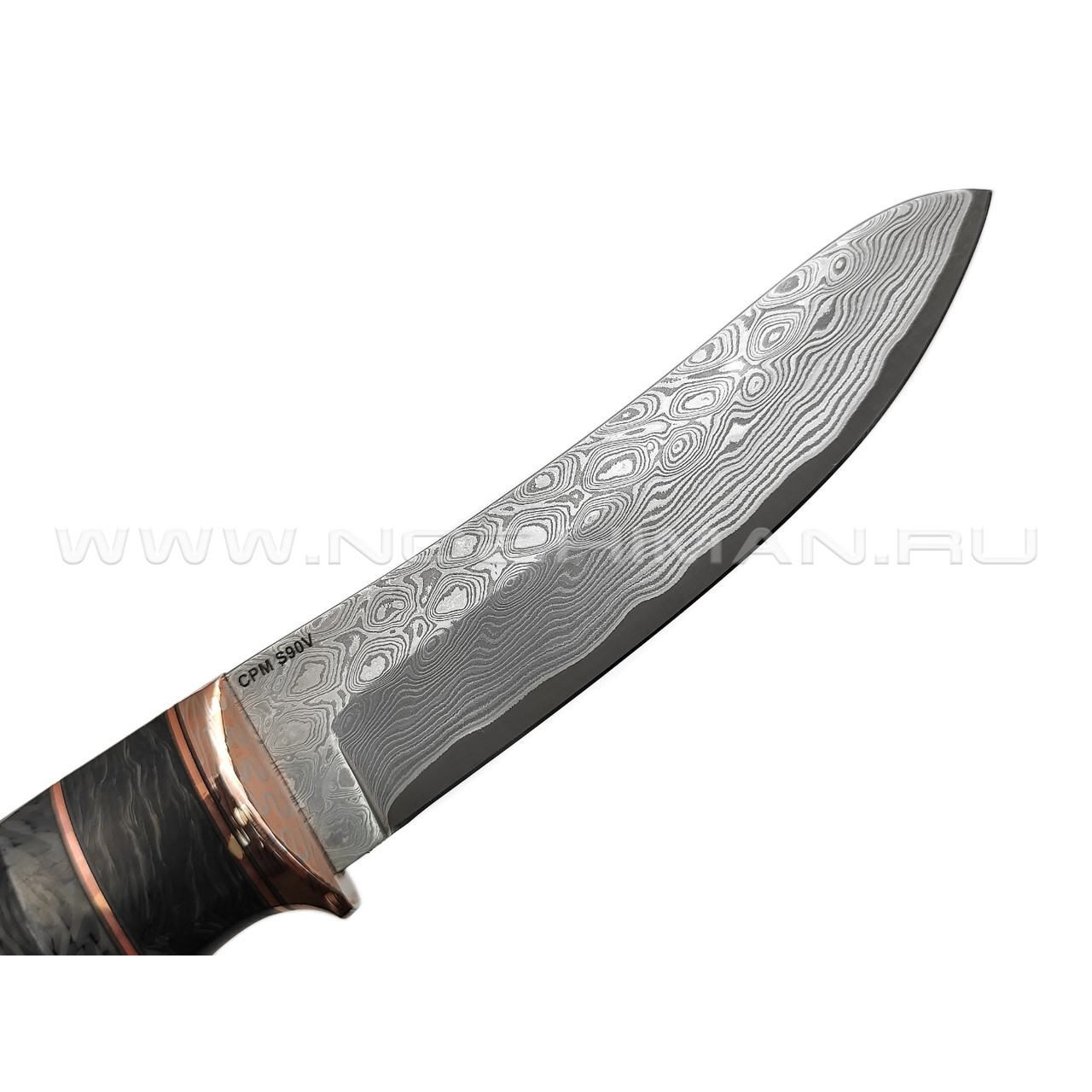 Кузница Васильева нож НЛВ147 ламинат CPM S90V, рукоять Carbon fiber, мокумэ-ганэ, бронза