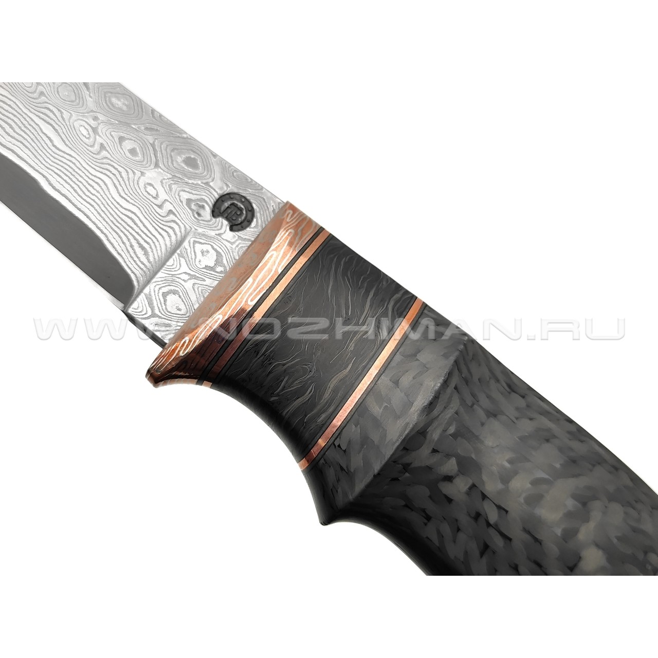 Кузница Васильева нож НЛВ147 ламинат CPM S90V, рукоять Carbon fiber, мокумэ-ганэ, бронза