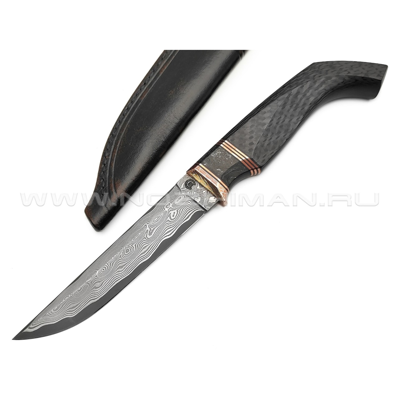 Кузница Васильева нож НЛВ151 ламинат Vanadis 8, рукоять Carbon fiber, мокумэ-ганэ, бронза
