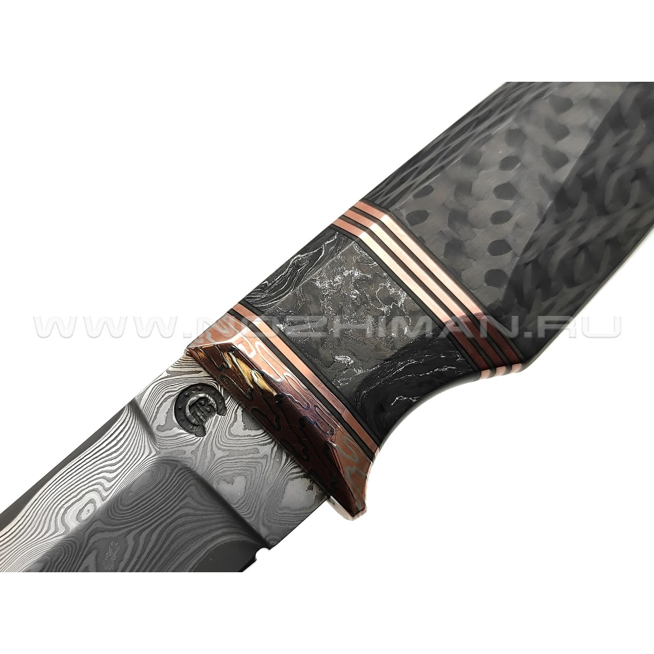 Кузница Васильева нож НЛВ151 ламинат Vanadis 8, рукоять Carbon fiber, мокумэ-ганэ, бронза