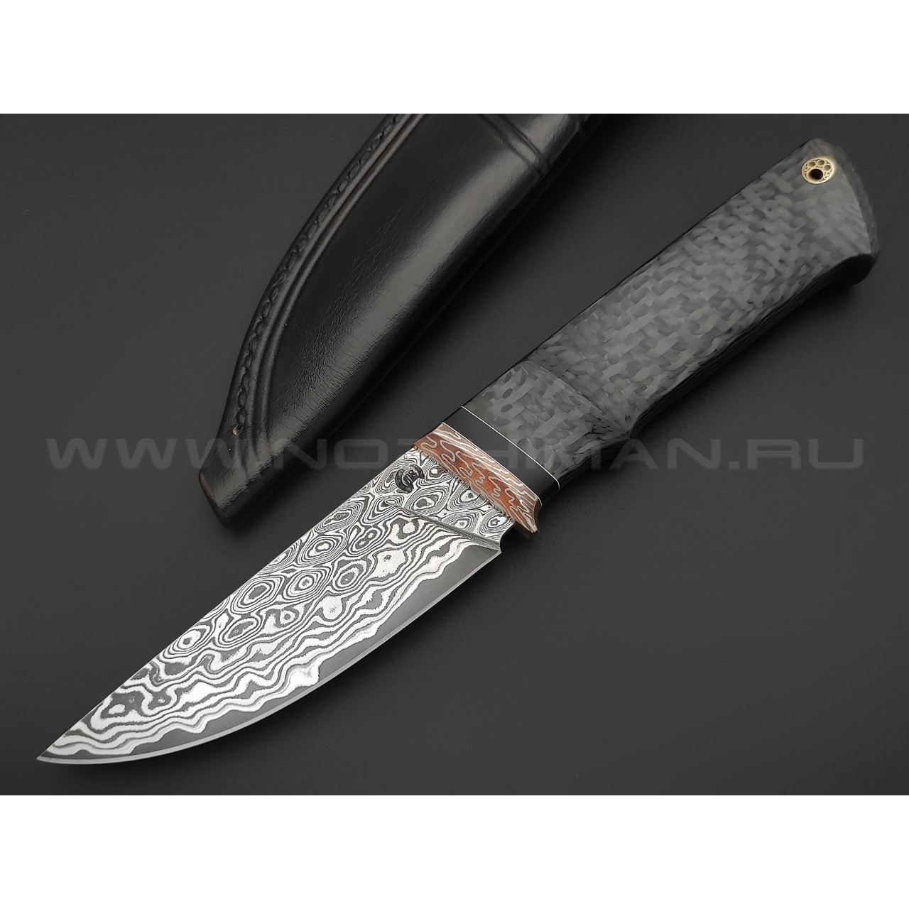 Кузница Васильева нож НЛВ150 ламинат QPM53, рукоять Carbon fiber, мокумэ-ганэ, карболит