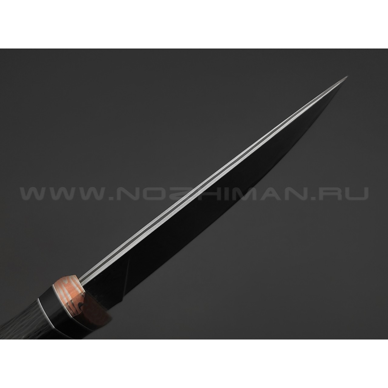 Кузница Васильева нож НЛВ150 ламинат QPM53, рукоять Carbon fiber, мокумэ-ганэ, карболит